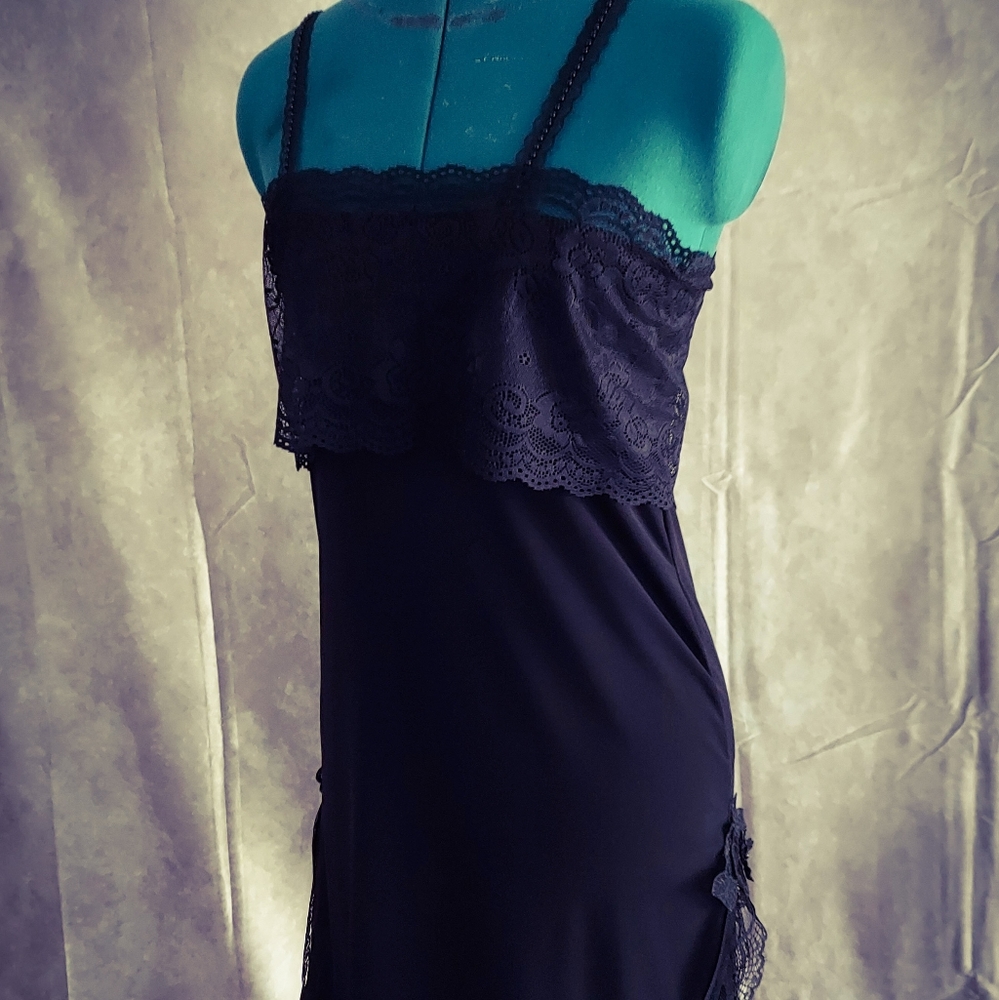 Little Black Slip Dress with Double Split Hem Lace